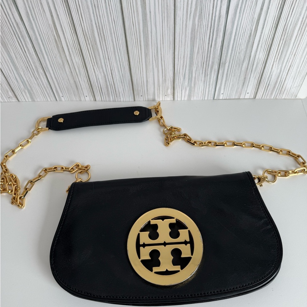 Tory Burch Black Leather Riva Crossbody /  Clutch Bag with Gold Chain and Logo